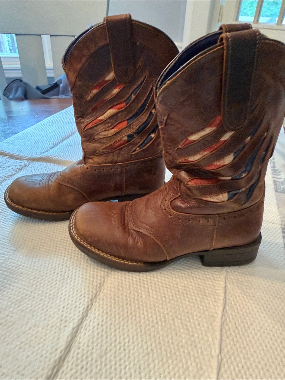 Brown Leather Western Boots with Red & Cream Inset Cutouts